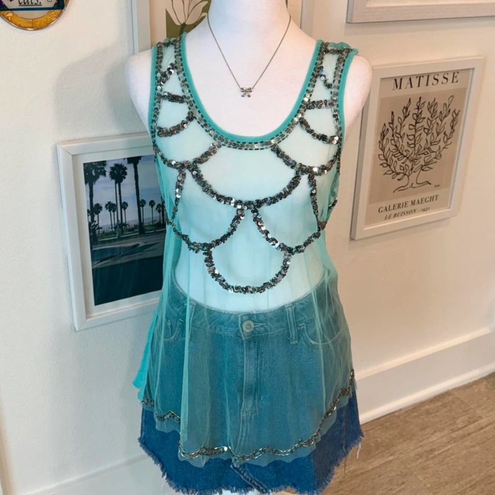 Embellished Teal Tank Top
